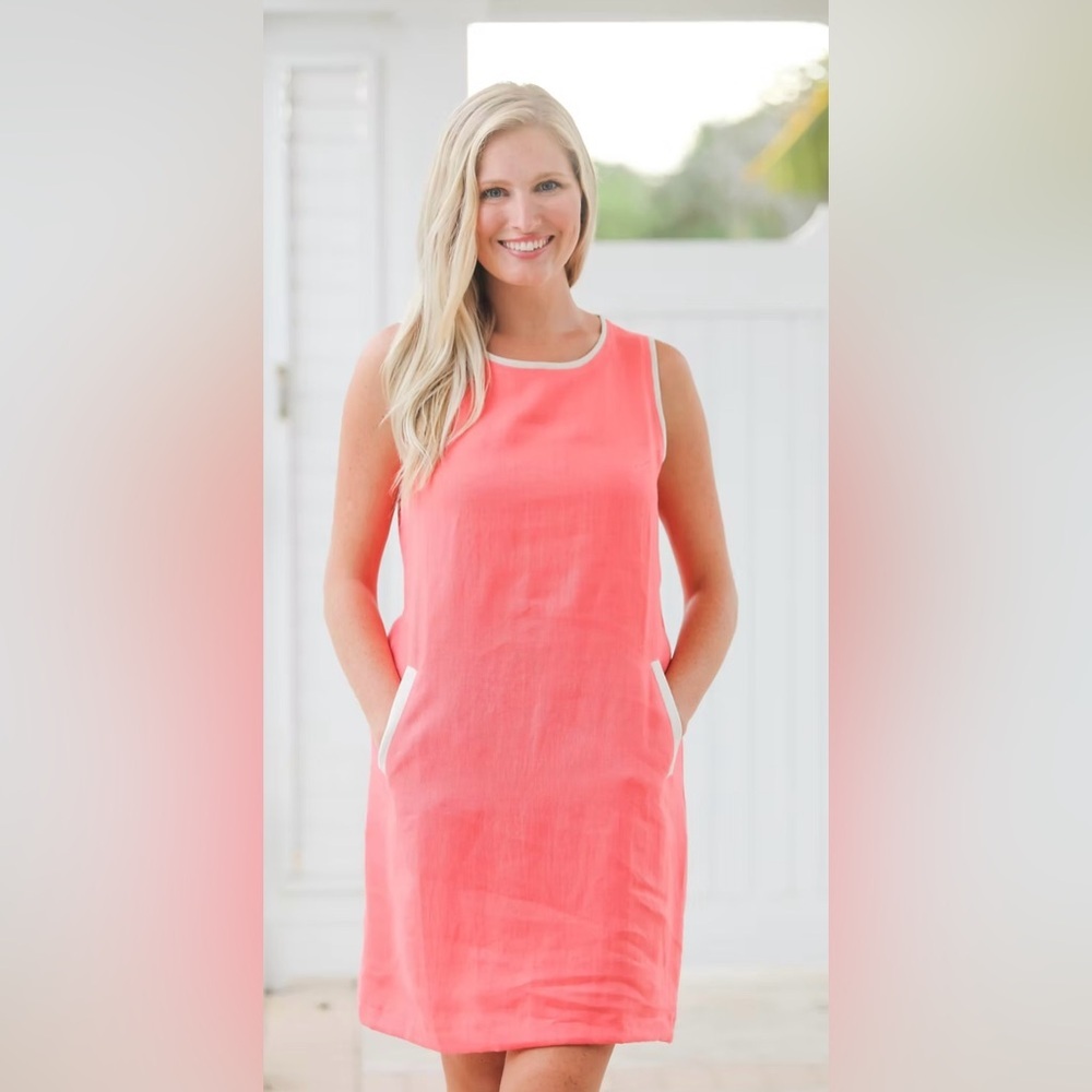 I Linen Crew Neck Sleeveless Dress in Coral with Natural Colored Trim size M - Picture 2 of 8